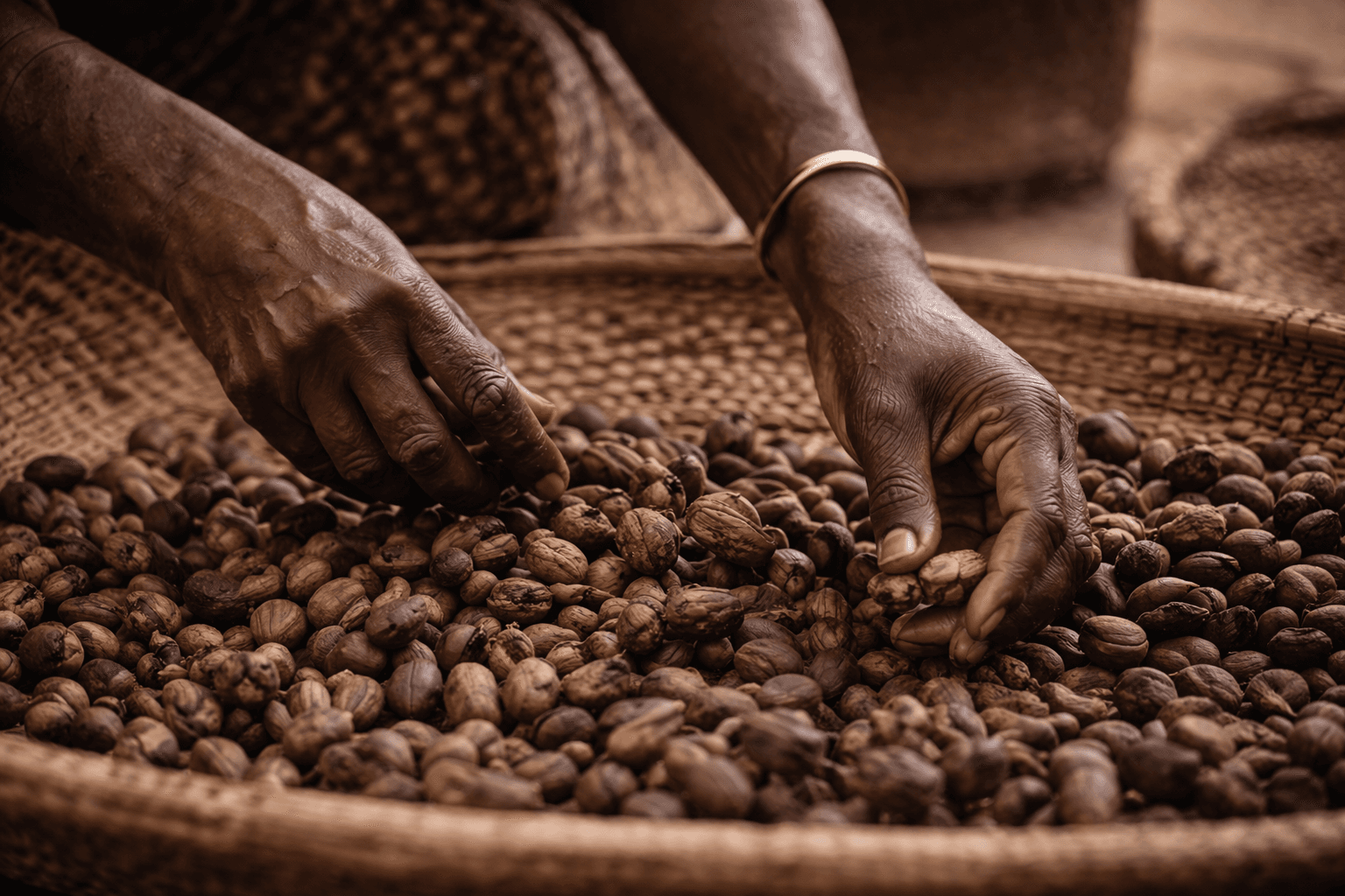 Shea-Ursprung — Hände beim Sortieren der Sheanüsse